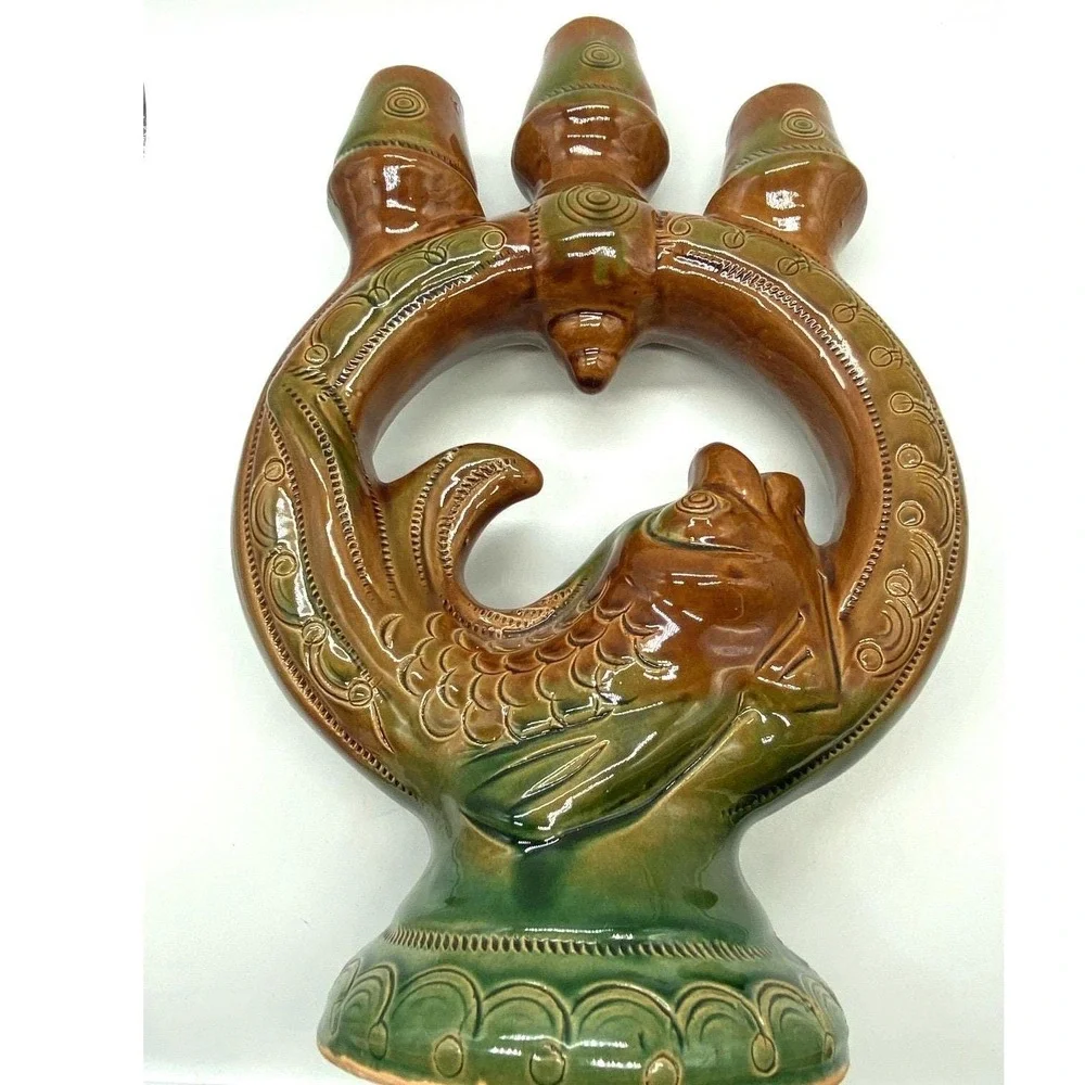 Vtg Majolica Fish Ceramic Candelabra Skopinskaya‎ Mid Century Set of 2 Folk Art